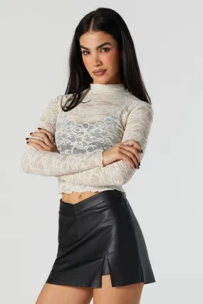 Abstract Lace Mock Neck Long Sleeve Top