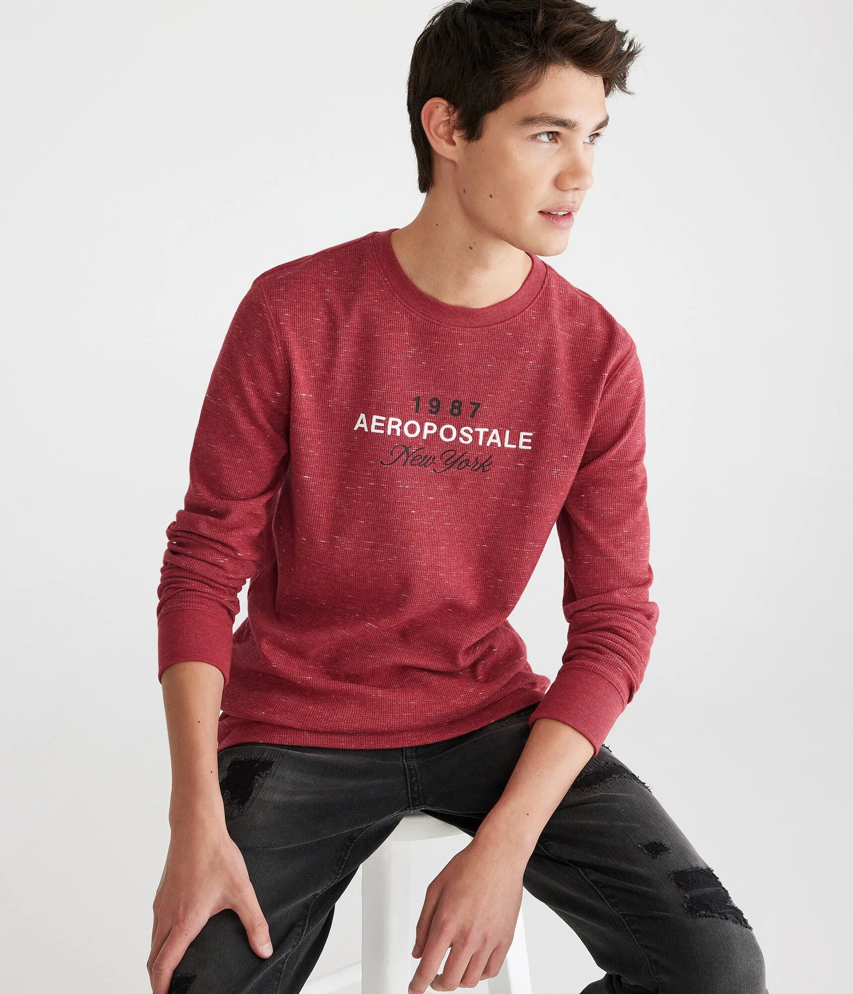 Aeropostale Mens' Long Sleeve Aeropostale Script Graphic Thermal Tee - Red - Size XS - Cotton - Teen Fashion & Clothing Cerise R