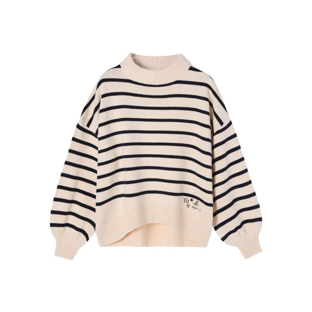 Agnes b  |Stripes Casual Style Long Sleeves Plain Cotton High-Neck