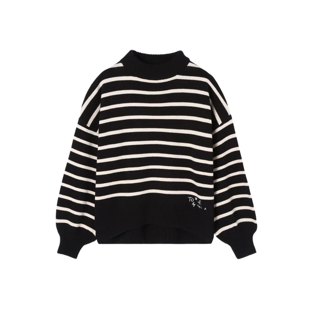 Agnes b  |Stripes Casual Style Long Sleeves Plain Cotton High-Neck