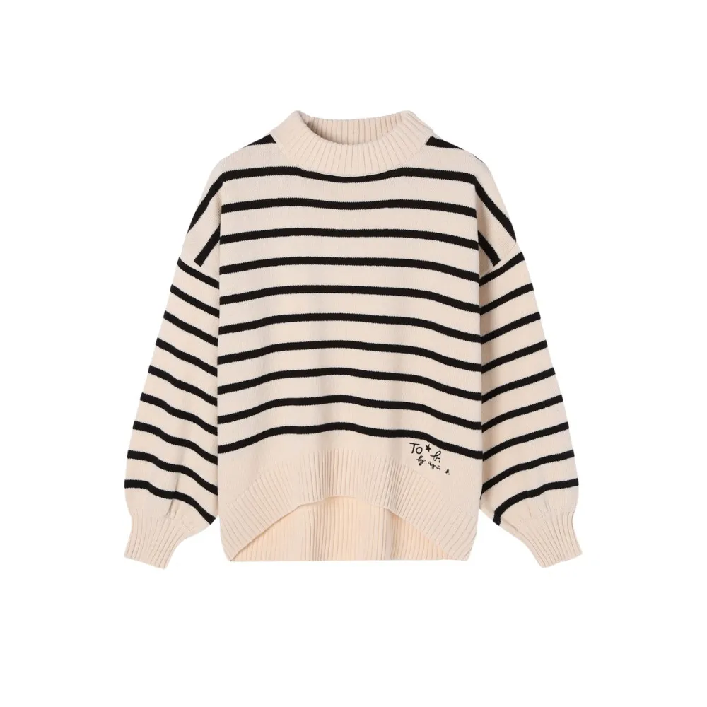 Agnes b  |Stripes Casual Style Long Sleeves Plain Cotton High-Neck