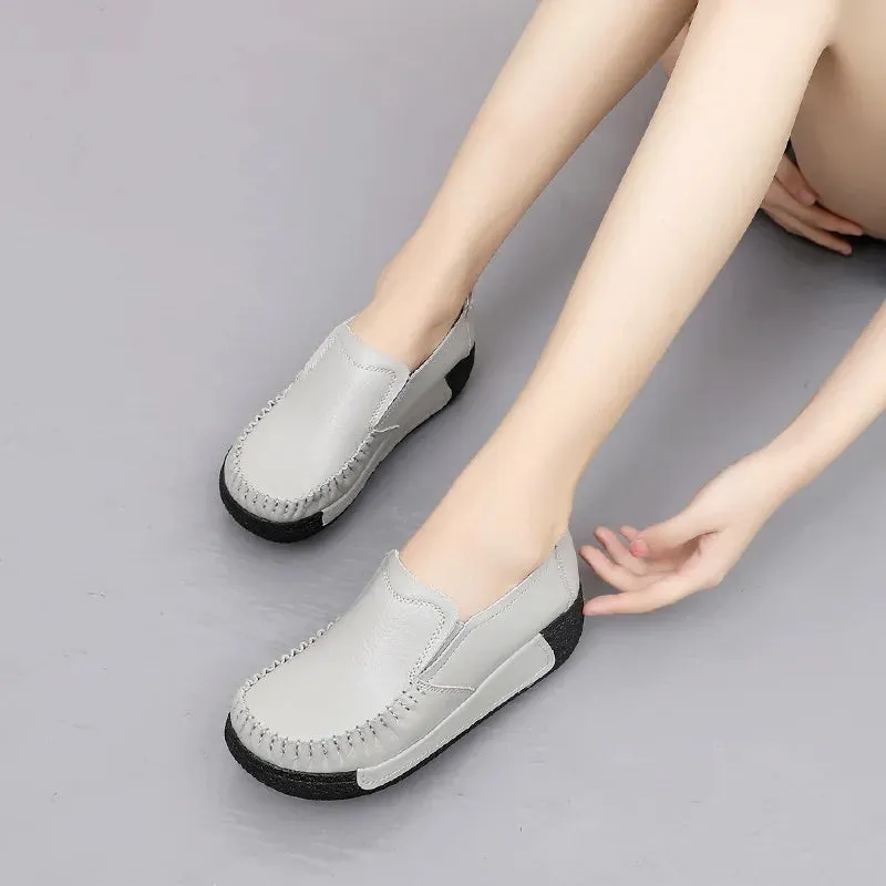 Ashore Shop Women Flats Female Mother Genuin Leather Shoes Platform Slip On Moccasins Loafers