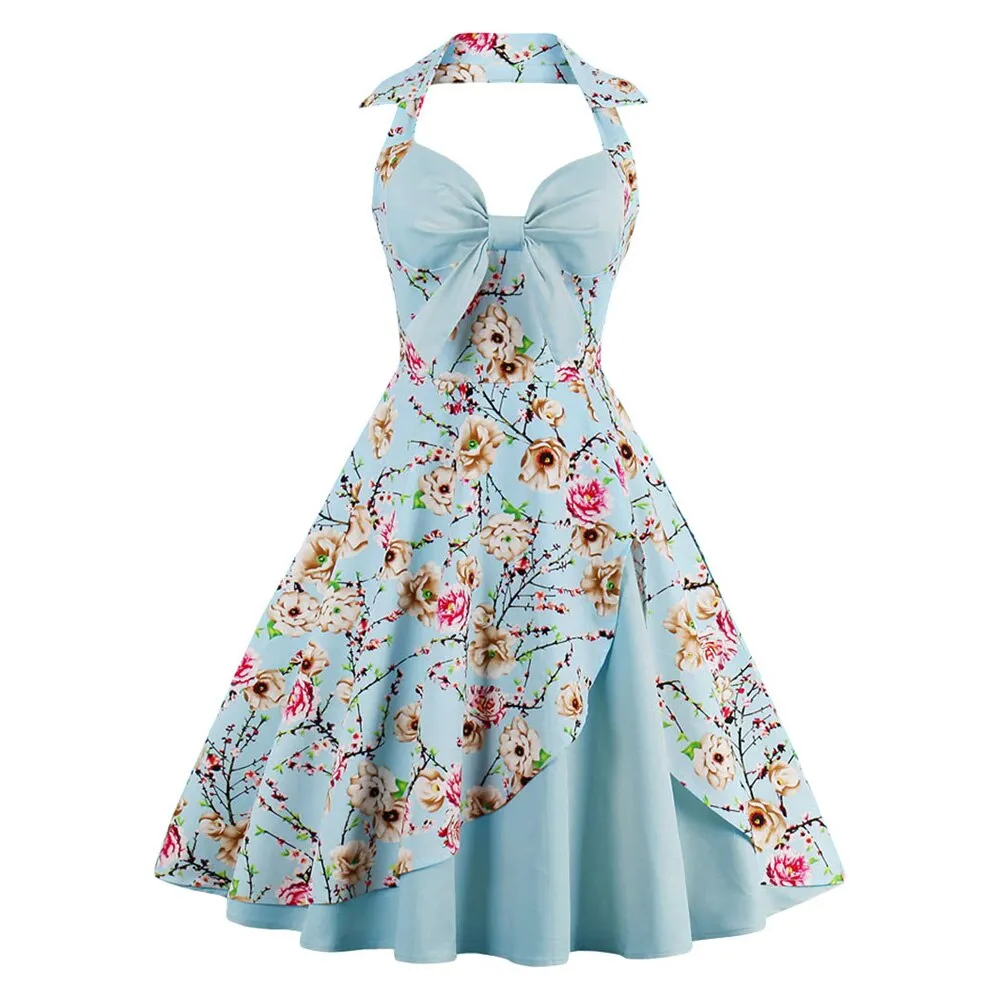 Blue Floral Summer Cotton Halter Bowknot V Neck Patchwork Robe Pin Up Swing Party Casual Dresses