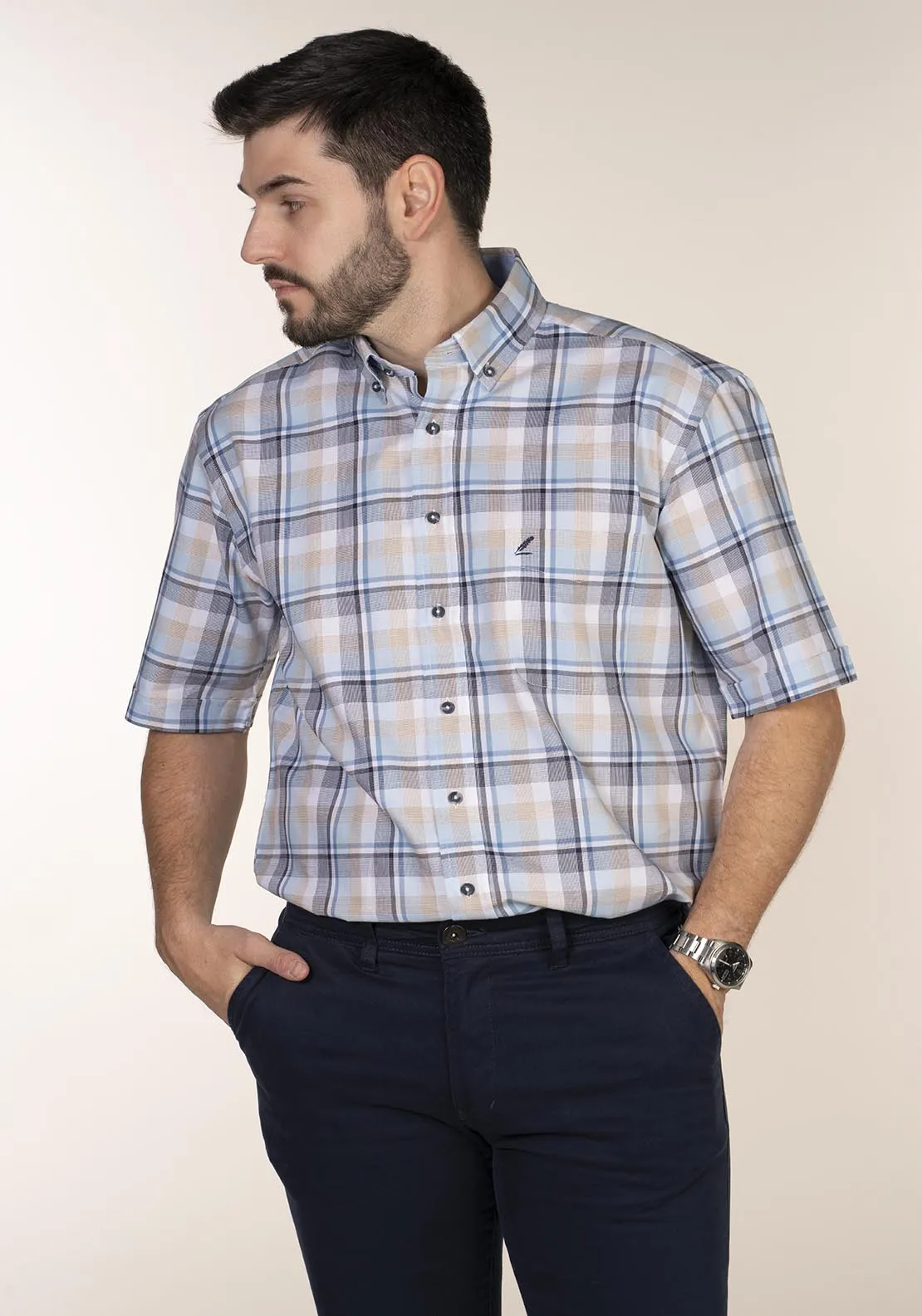 Casual Check Short Sleeve Shirt - Blue