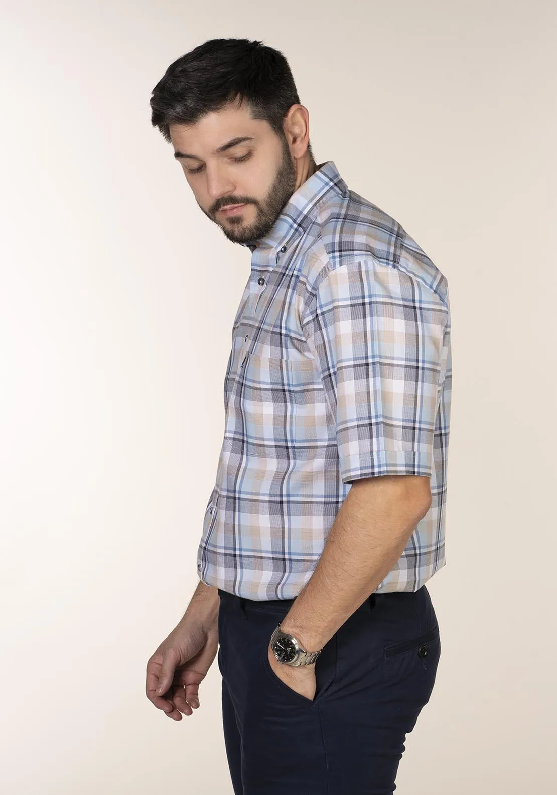 Casual Check Short Sleeve Shirt - Blue