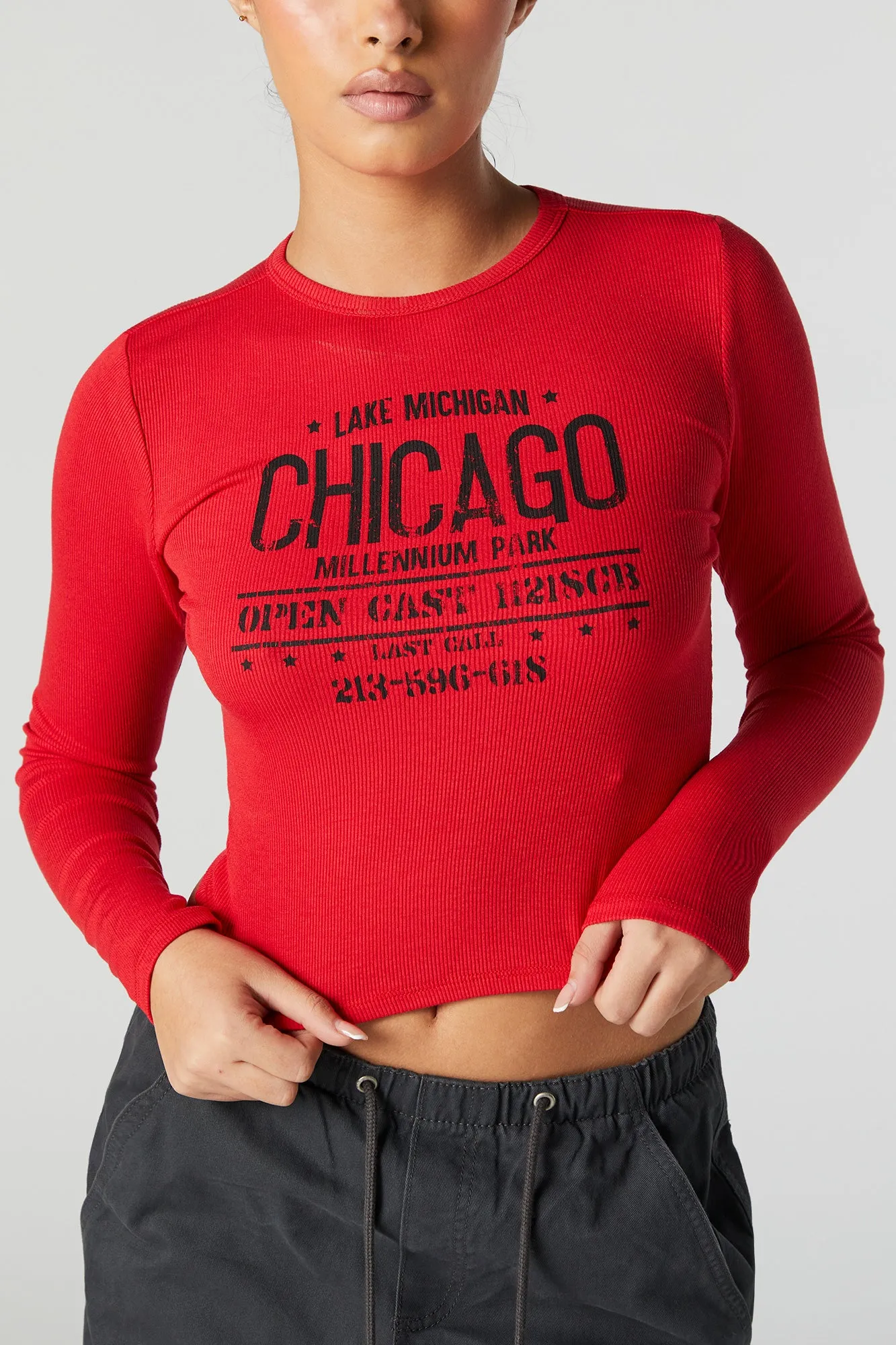 Chicago Graphic Long Sleeve Crop Top