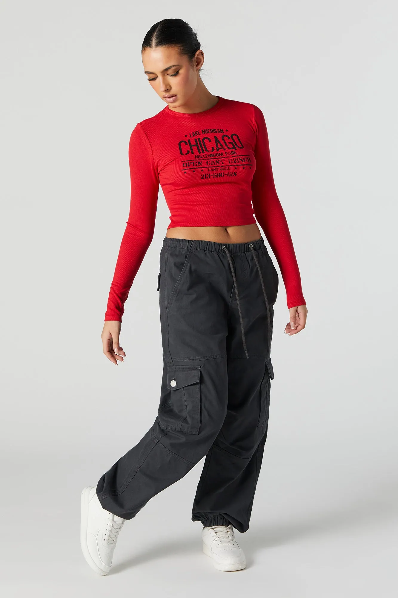 Chicago Graphic Long Sleeve Crop Top