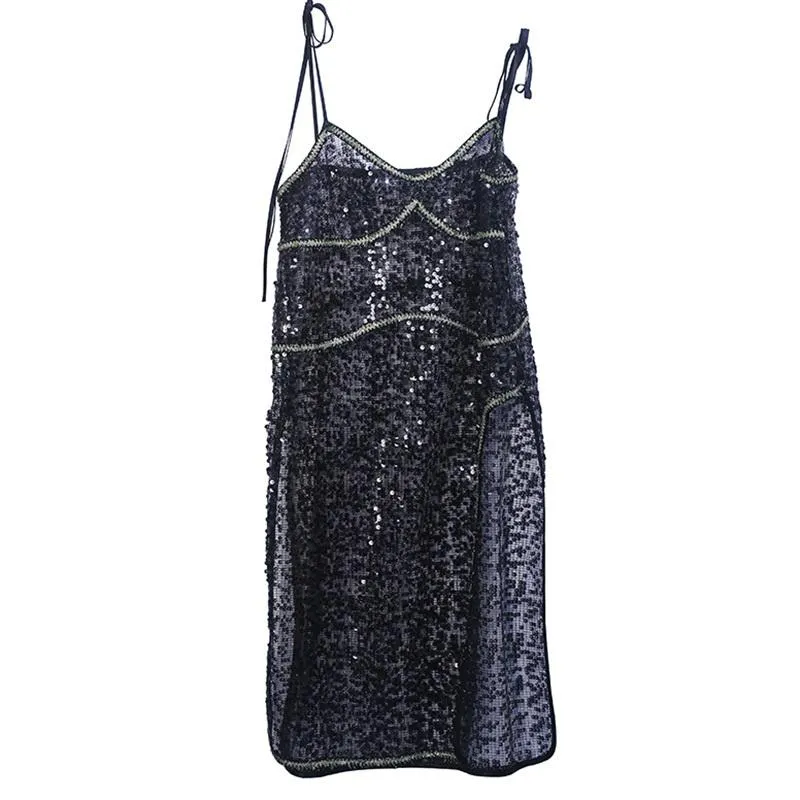 Chiyo V-Neck Sleeveless Split Sequin Mesh Dress