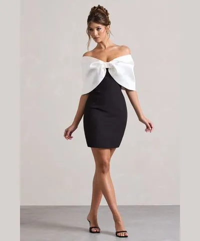 Club L London - USA Dewdrop | Black & White Mini Dress With Oversized Bow