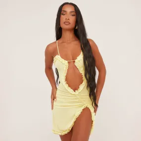 Cross Front Frill Detail Cut Out Mini Dress In Lemon