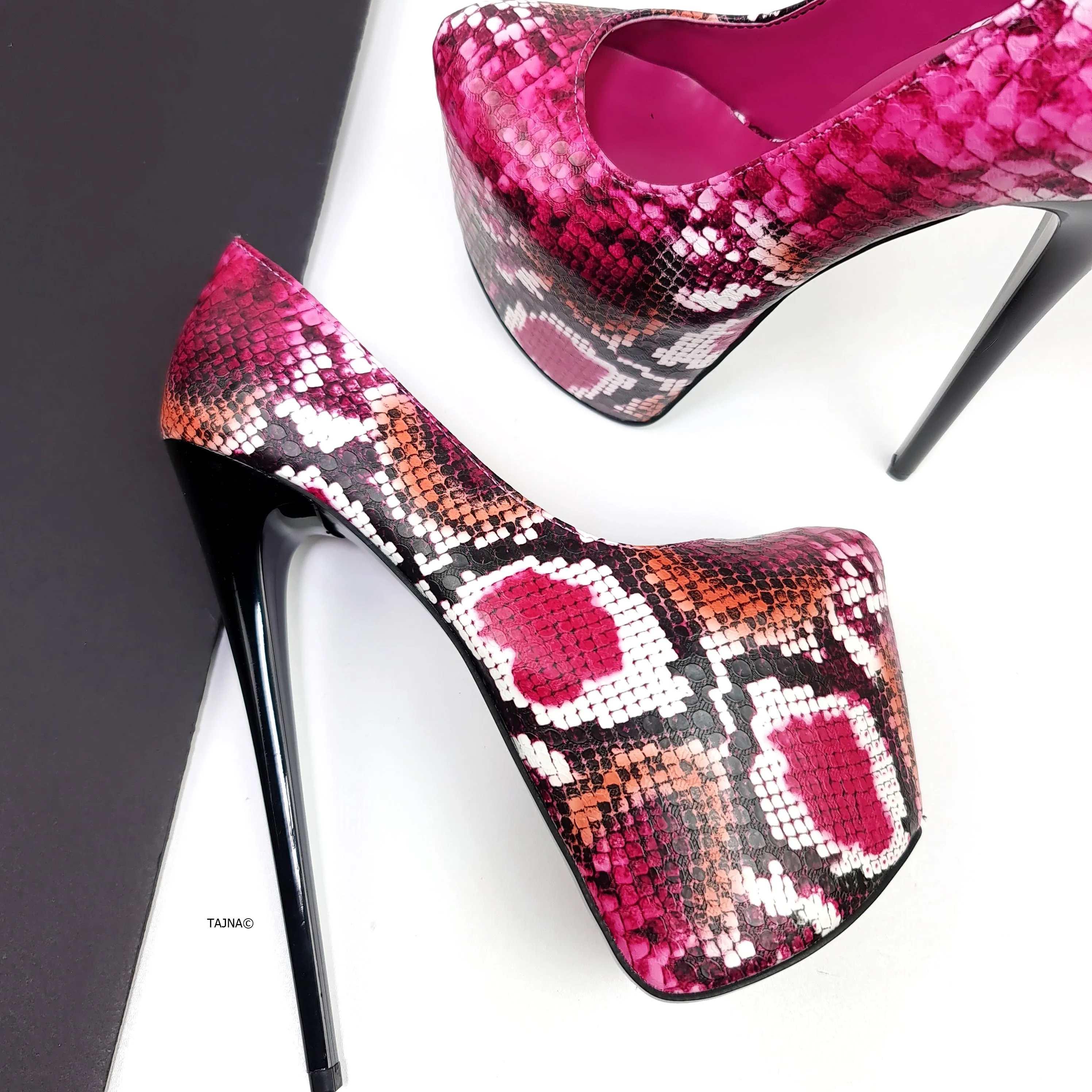 Dark Pink Orange Snake Print High Heel Pumps