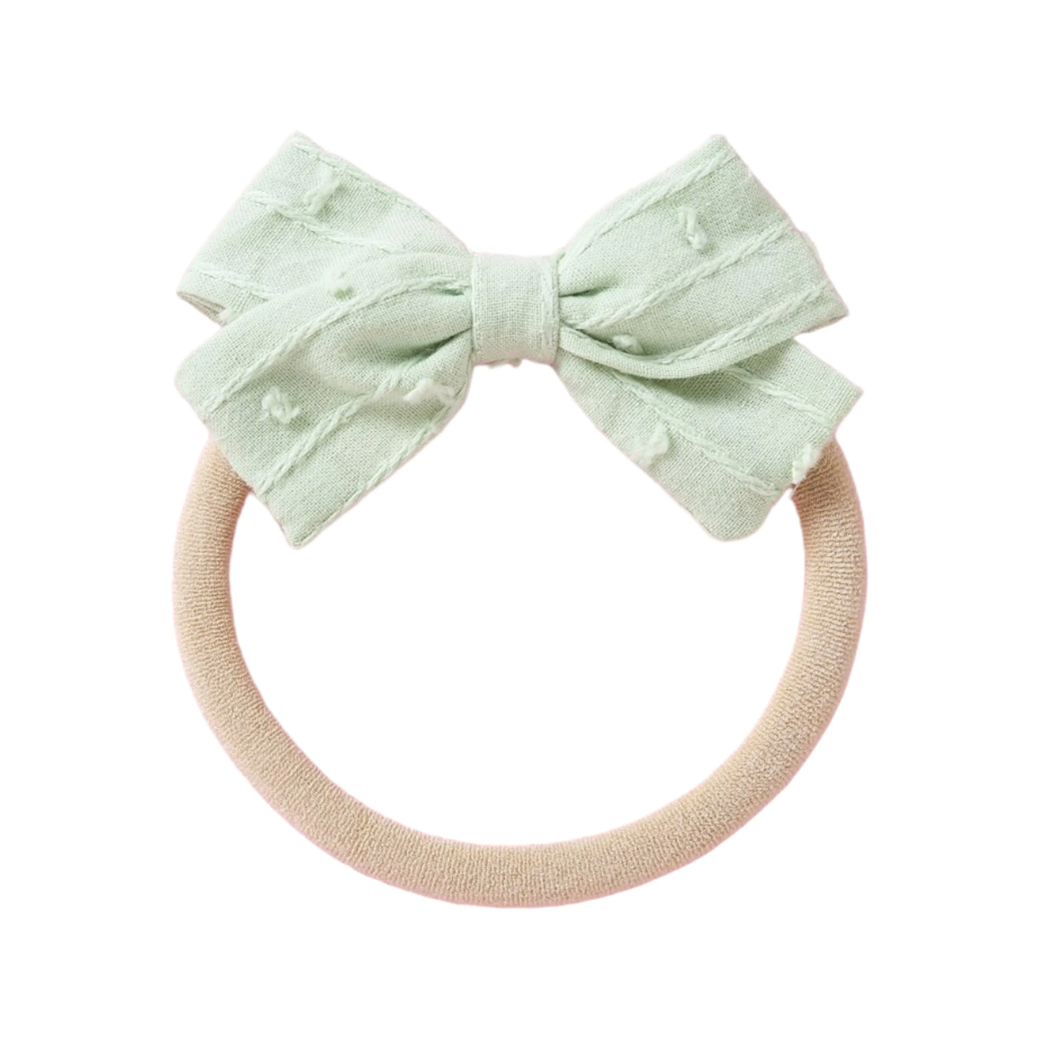 Dotty Embroidered Cotton Baby Bow in Sage