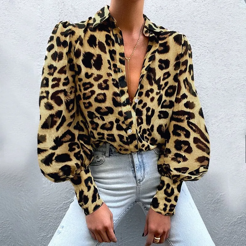 Elegant Sexy Women's Leopard Print Long Sleeves Button Top Blouse Shirt