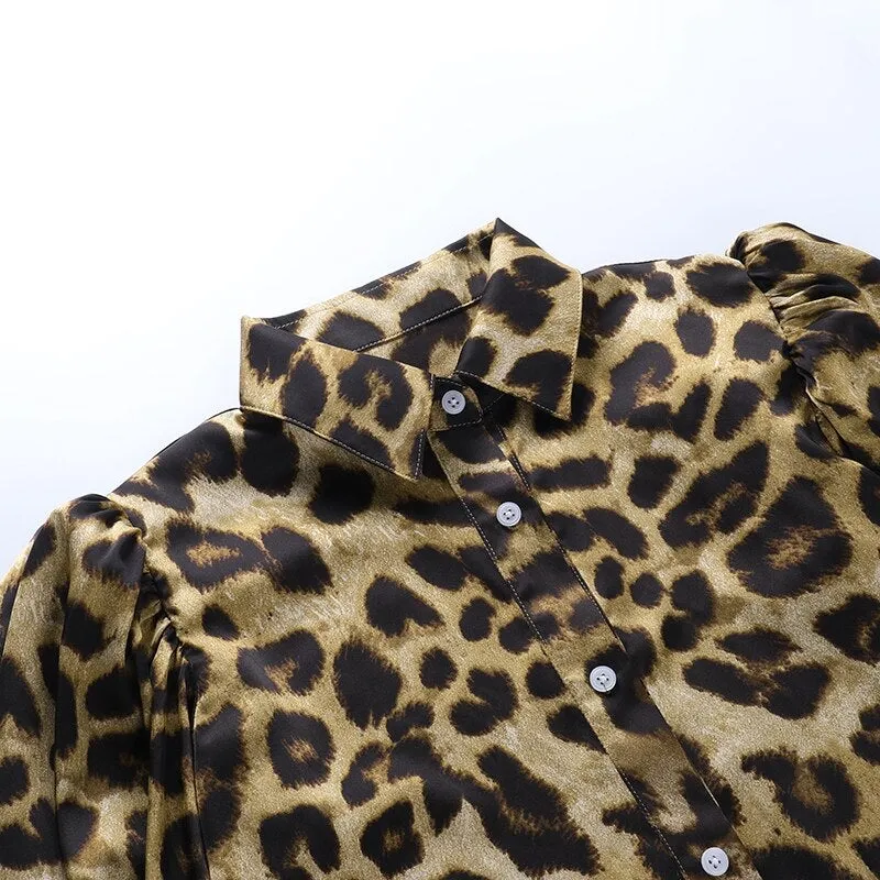 Elegant Sexy Women's Leopard Print Long Sleeves Button Top Blouse Shirt