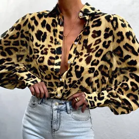 Elegant Sexy Women's Leopard Print Long Sleeves Button Top Blouse Shirt