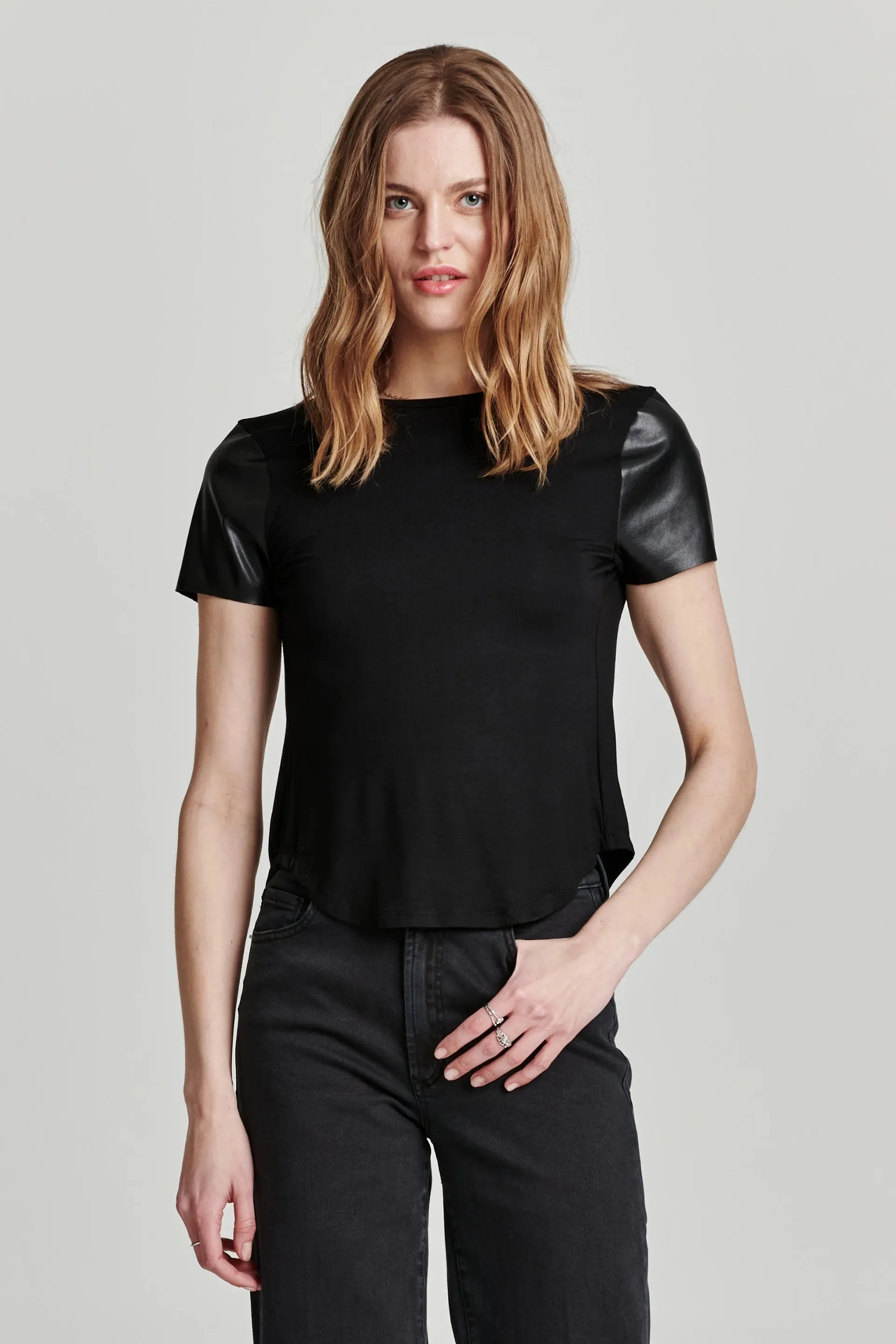 ELODIE MIX MEDIA TOP BLACK VEGAN LEATHER