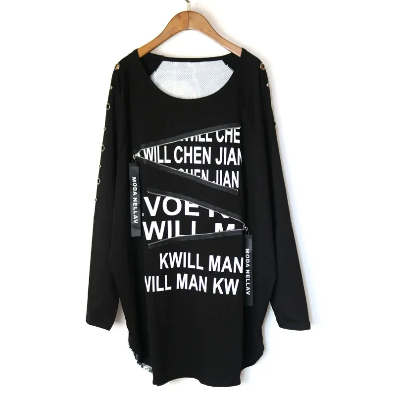 Fashion Female Loose Half Sleeve O-neck Pullover / Women's Black Clothing with Letter Print