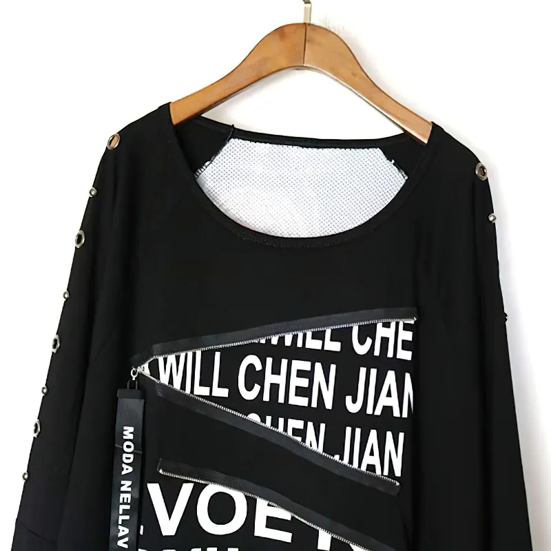 Fashion Female Loose Half Sleeve O-neck Pullover / Women's Black Clothing with Letter Print