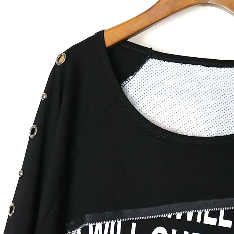 Fashion Female Loose Half Sleeve O-neck Pullover / Women's Black Clothing with Letter Print