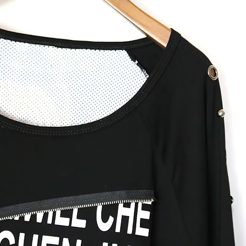 Fashion Female Loose Half Sleeve O-neck Pullover / Women's Black Clothing with Letter Print