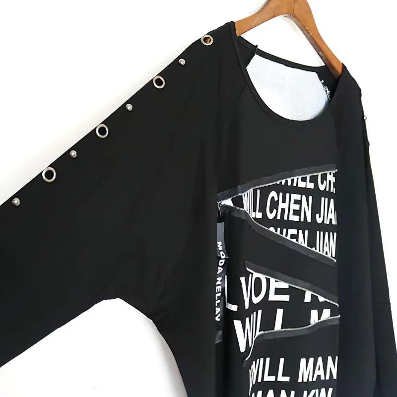 Fashion Female Loose Half Sleeve O-neck Pullover / Women's Black Clothing with Letter Print