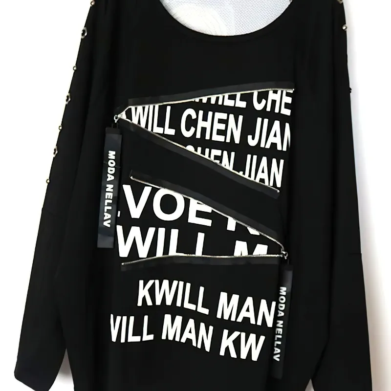 Fashion Female Loose Half Sleeve O-neck Pullover / Women's Black Clothing with Letter Print