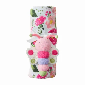 floral swaddle and rattle