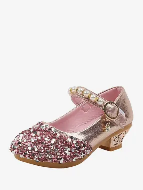 Flower Girl Shoes Pink Sequined Cloth Pearls Party Shoes For Kids