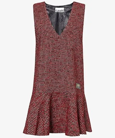 Ganni Womens Racing Red Check-pattern tweed recycled wool and polyester-blend mini dress