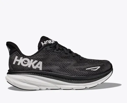 Hoka Women’s Clifton 9 Athletic Shoes-Black/White **Wide Width**