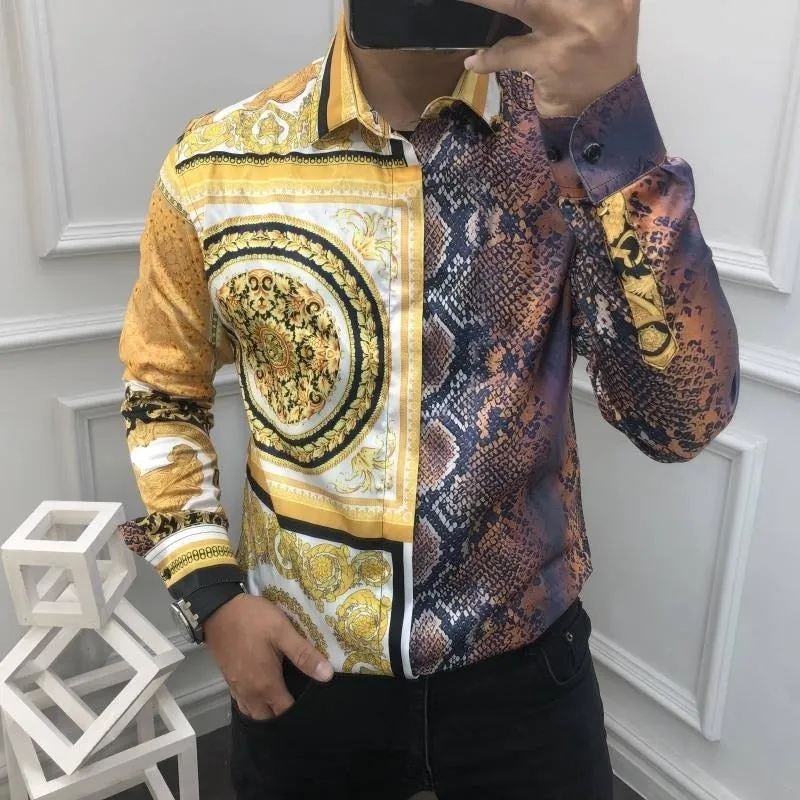 Luxury Casual Long Sleeve Snake Printed Pattern Slim Fit Shirt for Men