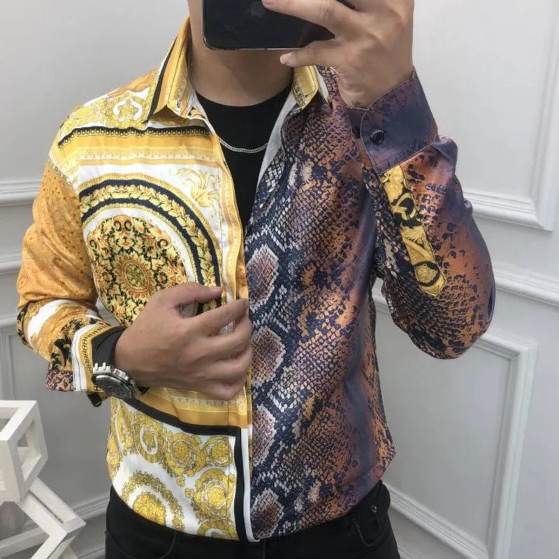 Luxury Casual Long Sleeve Snake Printed Pattern Slim Fit Shirt for Men