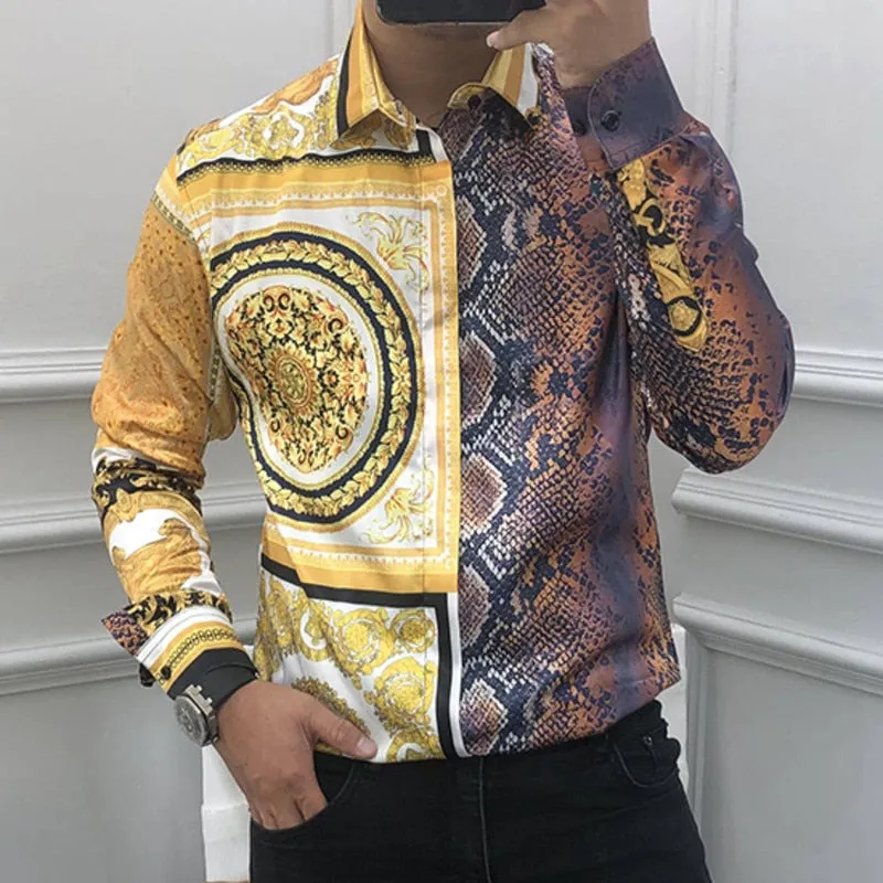 Luxury Casual Long Sleeve Snake Printed Pattern Slim Fit Shirt for Men