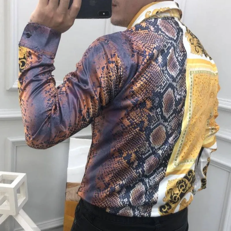 Luxury Casual Long Sleeve Snake Printed Pattern Slim Fit Shirt for Men