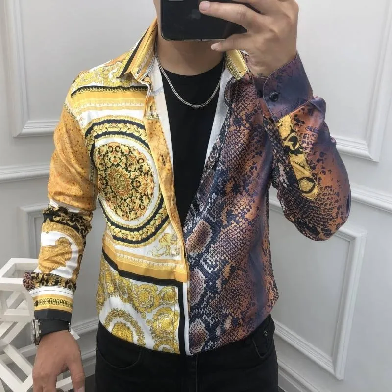 Luxury Casual Long Sleeve Snake Printed Pattern Slim Fit Shirt for Men