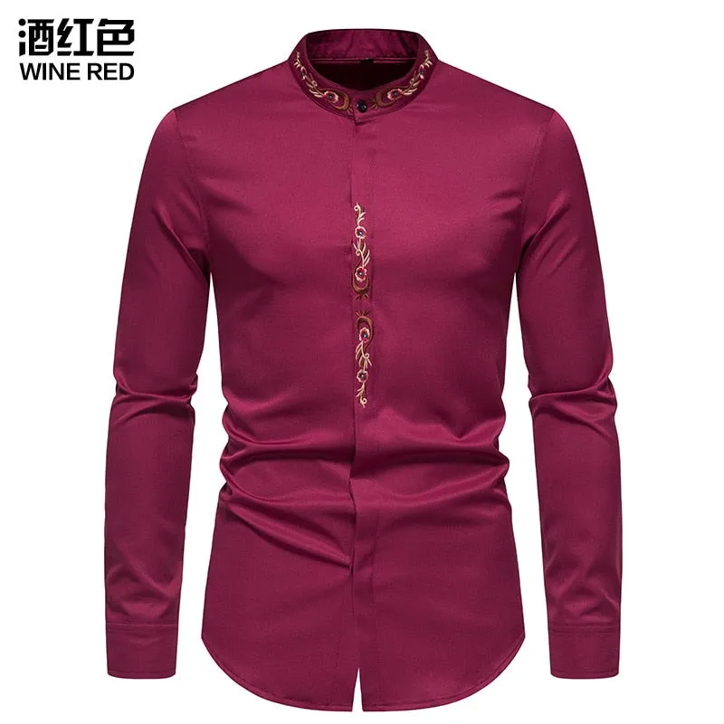 Men's Autumn Cotton Embroidery Slim Fit Long Sleeve Streetwear Shirt