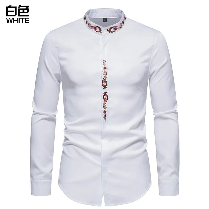 Men's Autumn Cotton Embroidery Slim Fit Long Sleeve Streetwear Shirt