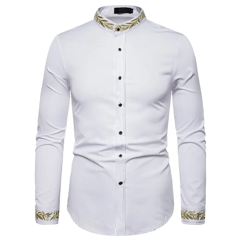 Men's Autumn Cotton Embroidery Slim Fit Long Sleeve Streetwear Shirt