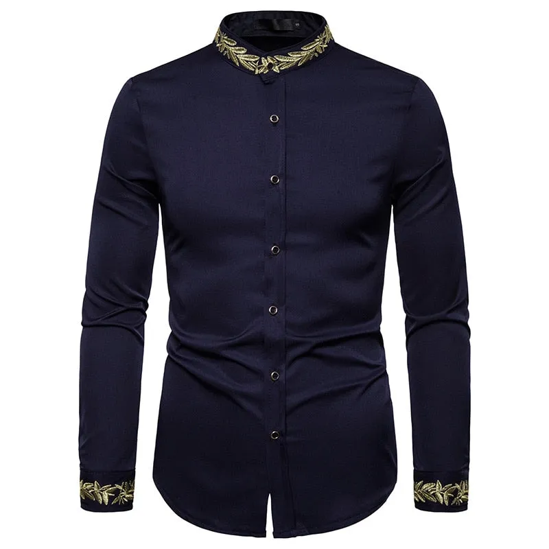 Men's Autumn Cotton Embroidery Slim Fit Long Sleeve Streetwear Shirt