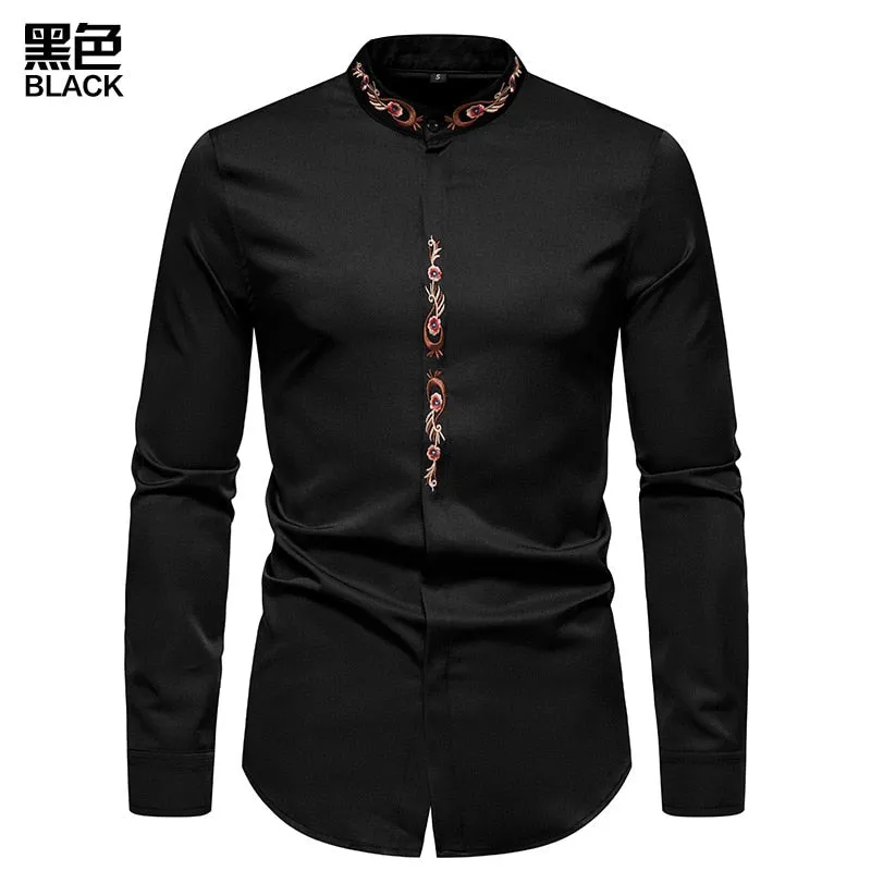 Men's Autumn Cotton Embroidery Slim Fit Long Sleeve Streetwear Shirt