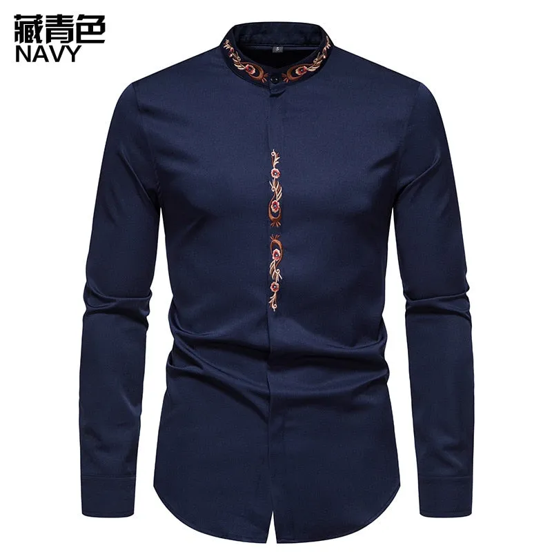 Men's Autumn Cotton Embroidery Slim Fit Long Sleeve Streetwear Shirt