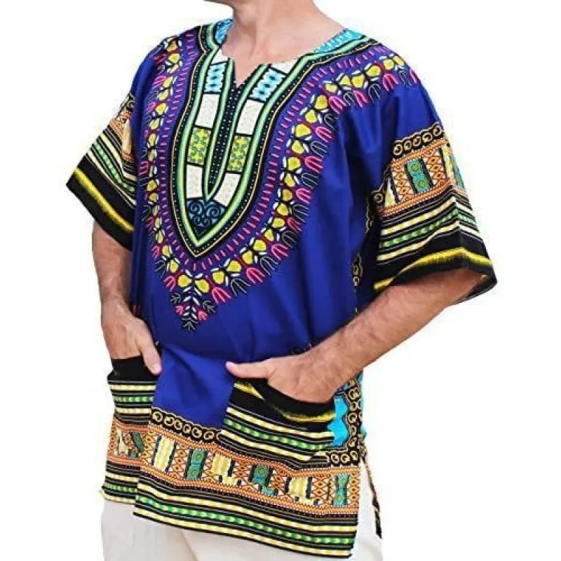 Men's Blue African Primitive Tribal Ethnic 3D Printed Short Sleeve Shirt