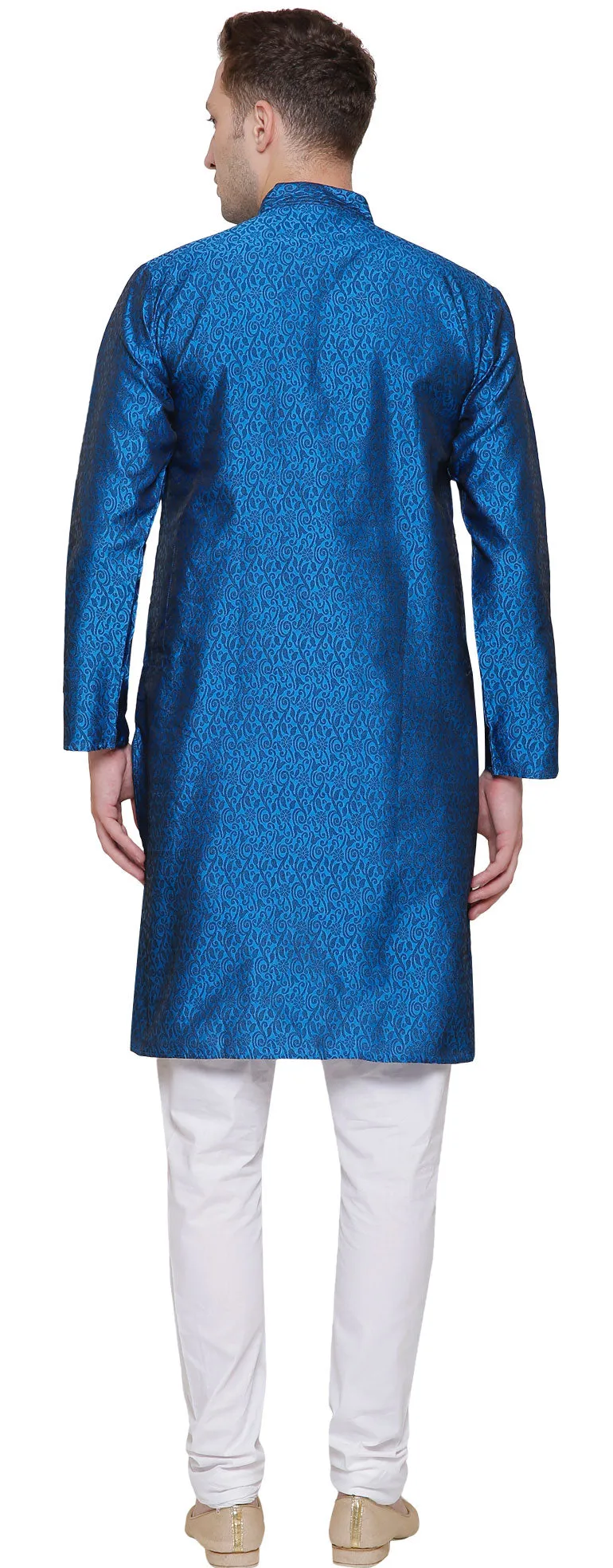 Men's Jacquard Silk Kurta Pajama India Clothing (Blue)