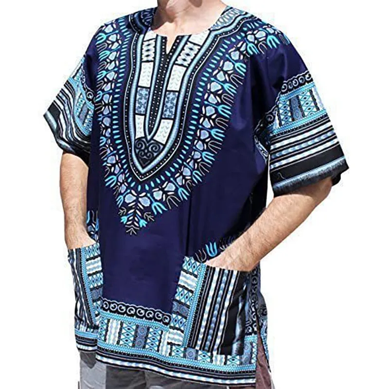 Men's Navy Blue African Primitive Tribal Ethnic 3D Printed Short Sleeve Shirt