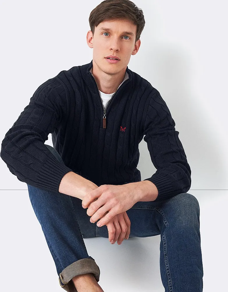 Men's Navy Regatta Cable Knit Half Zip Jumper from Crew Clothing Company