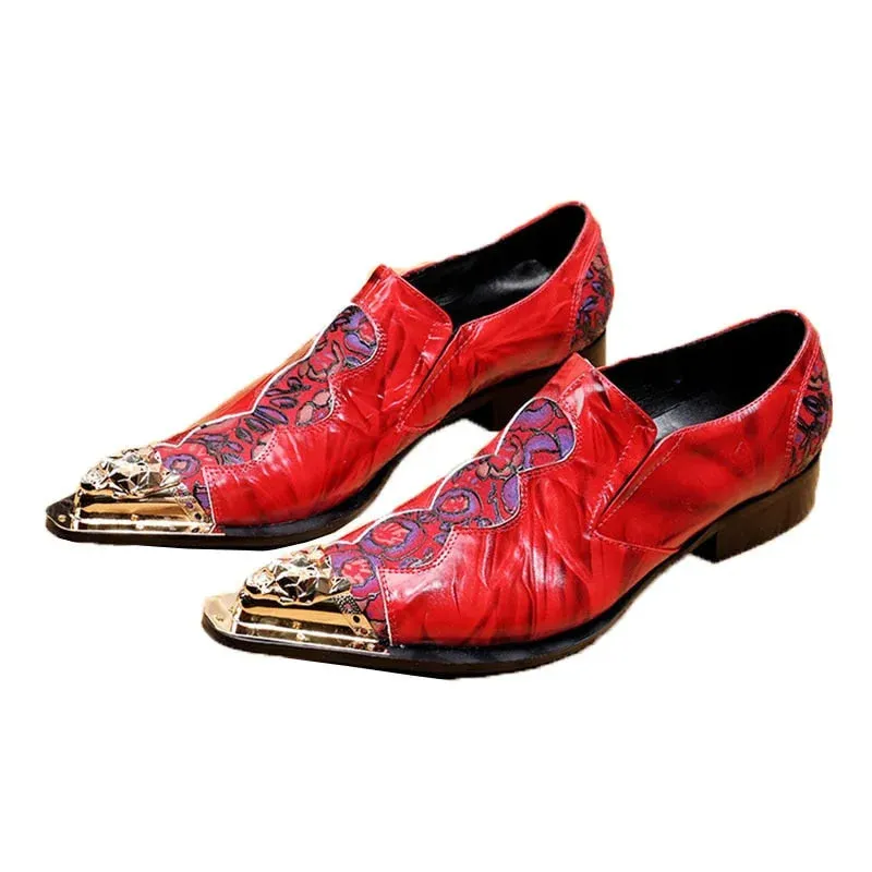 Men's Red Genuine Leather Pointed Metal Toe Slip-On Dress Shoes