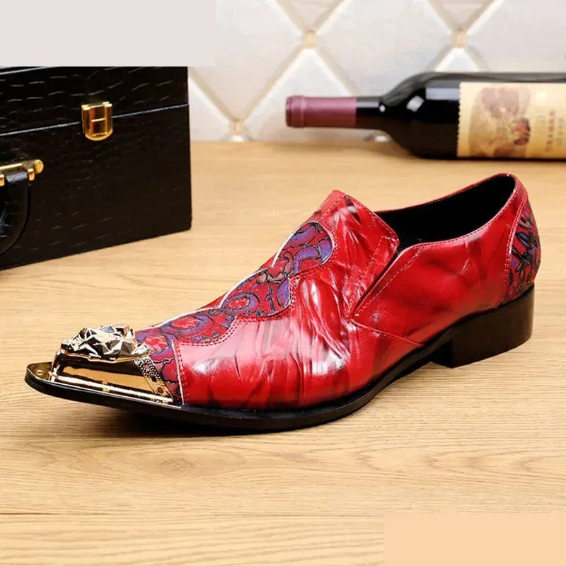 Men's Red Genuine Leather Pointed Metal Toe Slip-On Dress Shoes