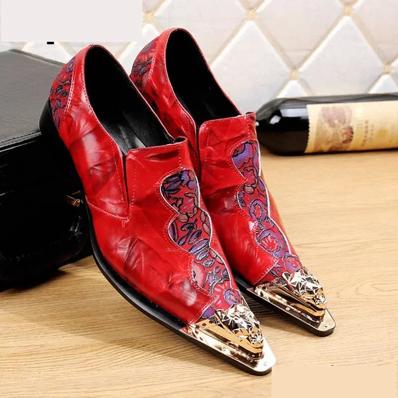 Men's Red Genuine Leather Pointed Metal Toe Slip-On Dress Shoes