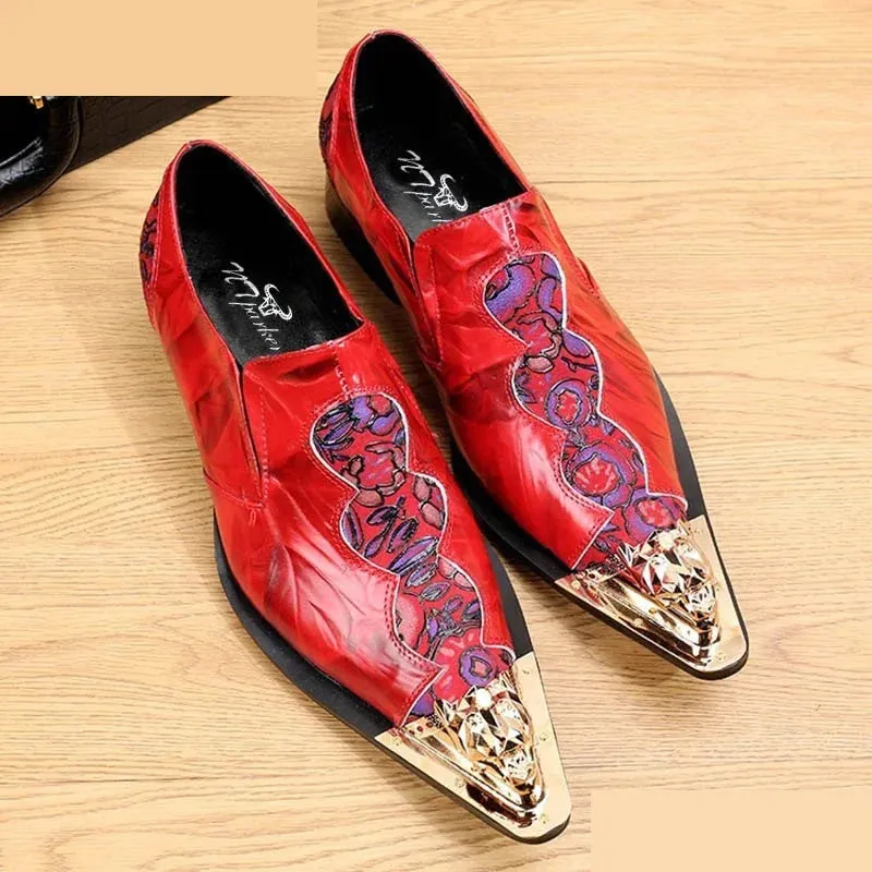 Men's Red Genuine Leather Pointed Metal Toe Slip-On Dress Shoes