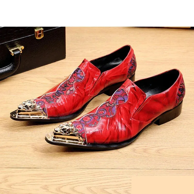 Men's Red Genuine Leather Pointed Metal Toe Slip-On Dress Shoes